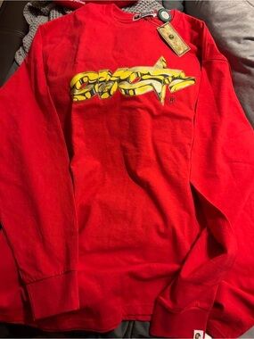 Bape x OVO-Red Long Sleeve with Yellow Camo Graphic